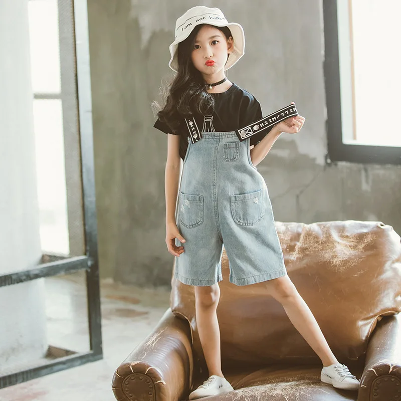 

Girls bib set 2018 summer new fashion letters short-sleeved T-shirt with bib two sets of girls