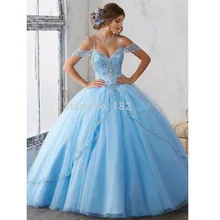 Голубое Пышное Дешевое бальное платье с открытыми плечами из тюля с кристаллами из бисера 16 платьев