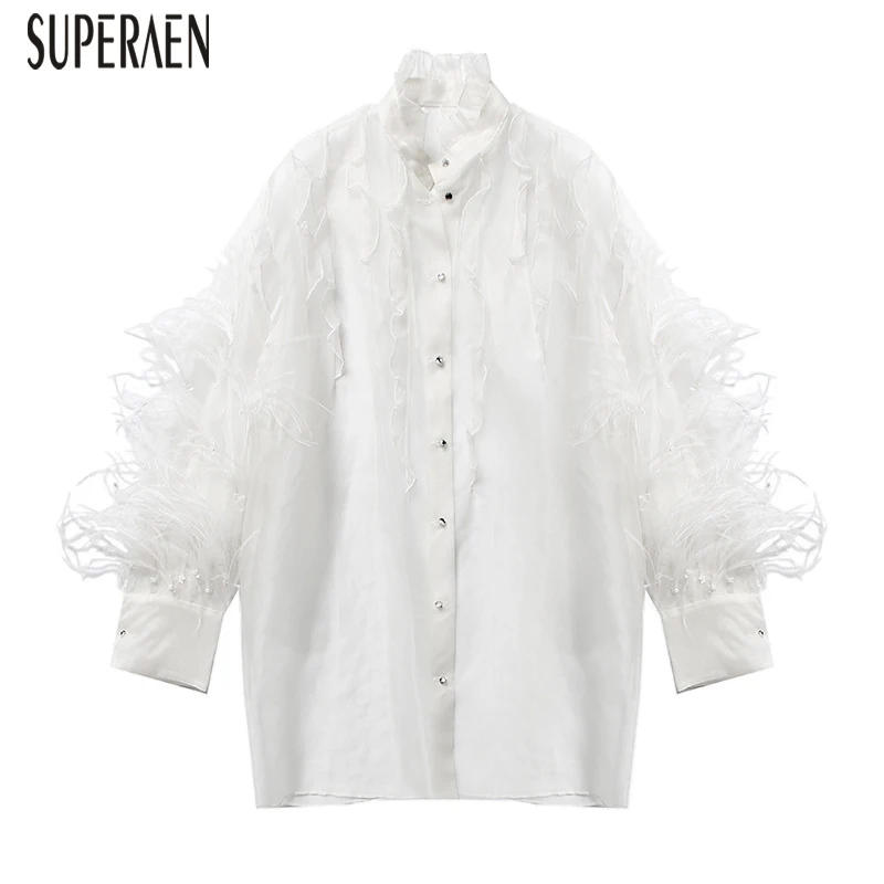 

SuperAen Fashion Shirt Female 2019 Summer New Solid Color Wild Casual Women Blouses and Tops Sexy Perspective Long-sleeved Shirt