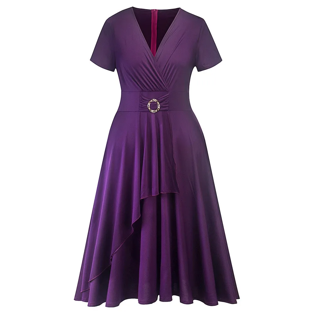 2018 Summer Casual Purple Vintage Sexy Plus Size 5XL Women Dresses Expansion Loose Plain Pleated