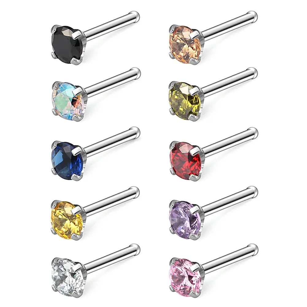 22g~18K Gold Plated 925 Silver L-Shaped Prong Set 1.5mm 2.5mm CZ Nose Stud 2pc