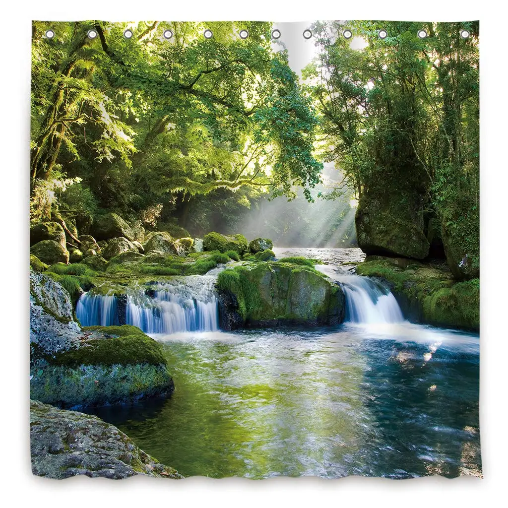 Rainforest Waterfall Foliage Jungle Misty Mountains Polyester Shower Curtain