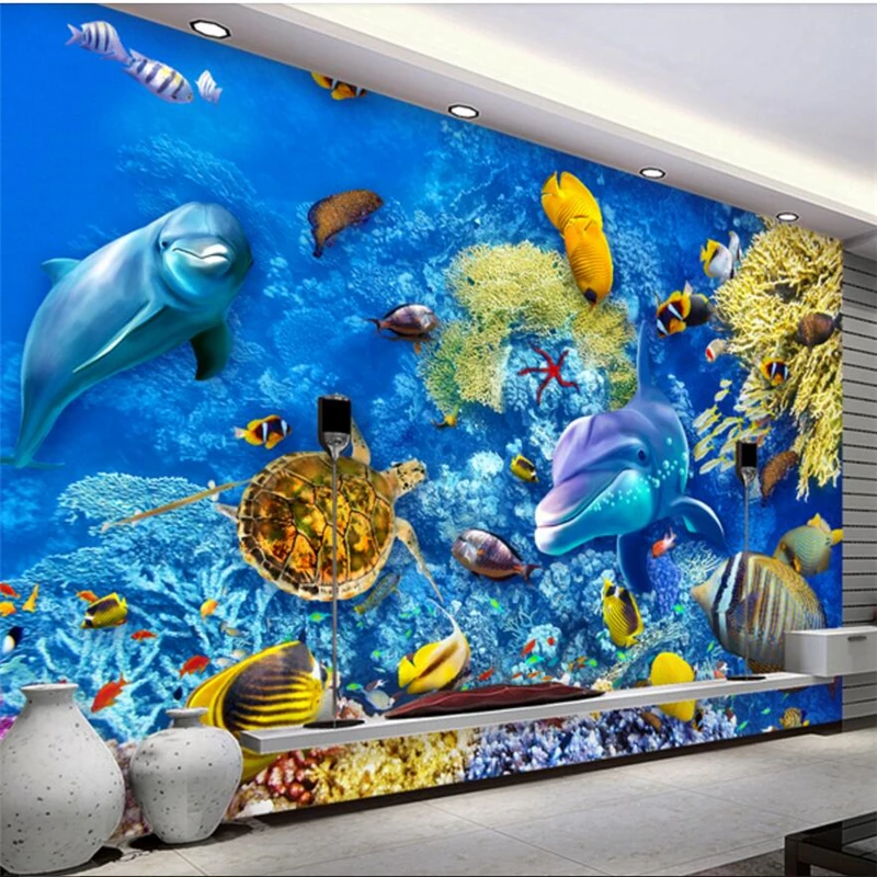 

wellyu Underwater World 3D TV Sofa Background Wall Painting Custom Large Mural Green Wallpaper papel de parede para quarto