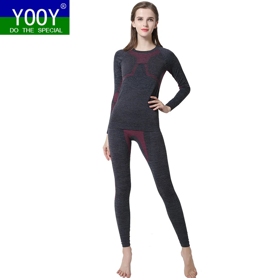 YOOY для женщин лыжный термобелье комплект дамы Быстросохнущий Funktion компрессионный костюм Фитнес облегающие рубашки спортивные черные костюмы