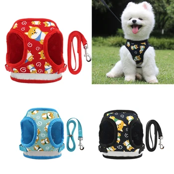

Breathable Mesh Vest For Small Dog Cat Cartoon Printed Pet Harness Adjustable Reflective Waistcoat Walking Lead Leash For Puppy