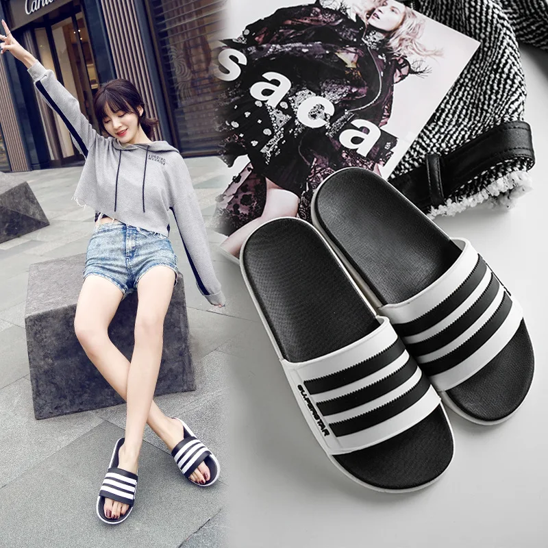 

Summer Ins Strip Women Slippers England Style Stripes Unisex Slides Outdoor Lovers Home Couple Non-slip Beach Slippers