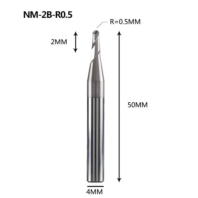 NM-2B Вольфрамовая сталь 2 Флейта с шариковым носиком с покрытием Концевая мельница с ЧПУ Фрезерный резак режущие инструменты для обработки меди и алюминиевого сплава - Длина режущей кромки: NM-2B-R0.5