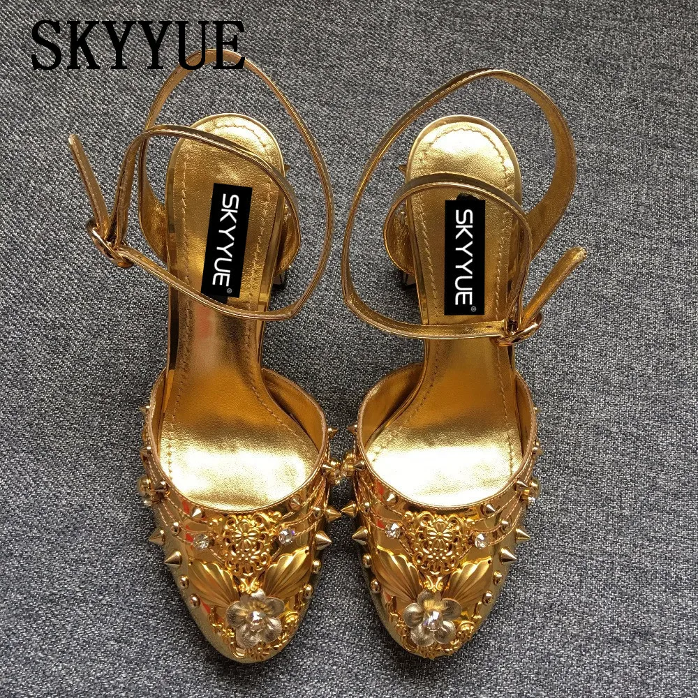 

JUNBIE Gold Silver Genuine Leather Studded Mary Janes Women Summer Sandals Round Toe Buckle Strap Women Pumps Shoes Women