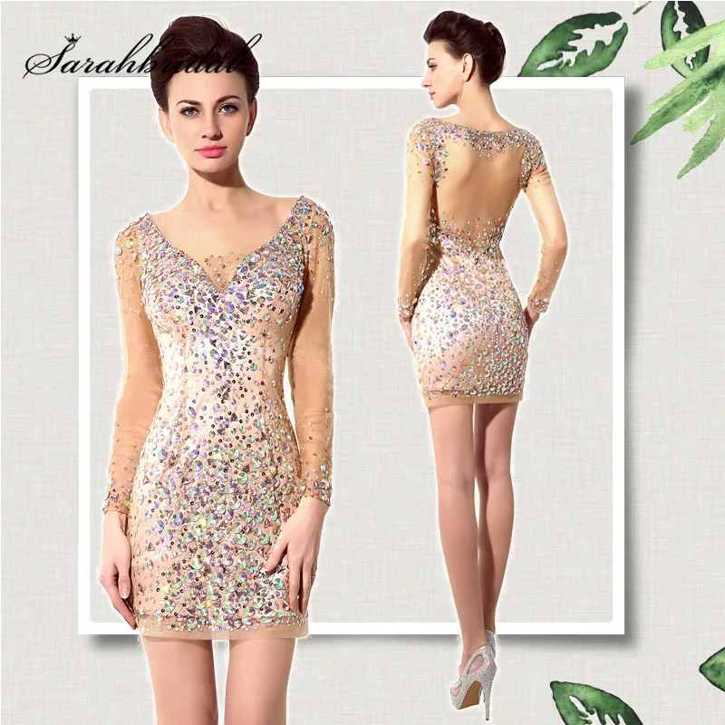 

2019 Newest Spring Summer Shining Cocktail Dresses Sexy Tulle Sequined Straight Long Sleeve Short Mini Prom Party Gowns SS006