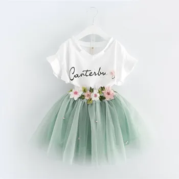 

DFXD Toddler Girl Clothing Sets 2017 Summer New Fashion White Short Flare Sleeve Print Shirt+Flower Net Yarn Skirt Girls Outfits
