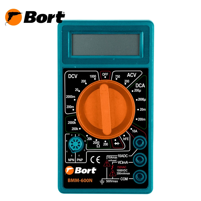 Мультитестер Bort BMM-600N(Постоянное напряжение 0-1000 В, переменное напряжение 0-750 В, постоянный ток 0-10 А, сопротивление 0-2 МОм