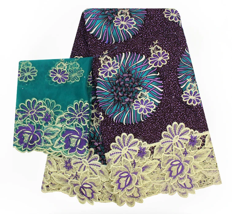 

High quality stone wax lace fabric embroidered 2018 African Ankara fabric wax with guipure lace fabric for dress