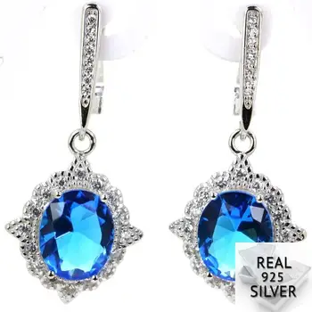 

Real 6.2g 925 Solid Sterling Silver 2018 New Arrival paris Blue Topaz White CZ Earrings 37x17mm