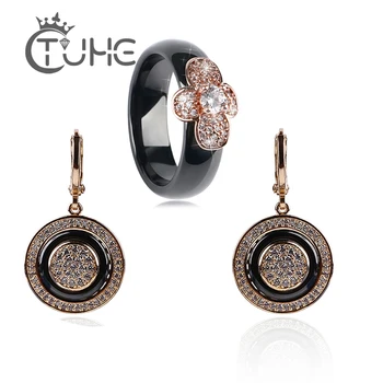 

2018 New Fashion Ceramic Jewellery Sets for Women Bling Rhinestone Rose Gold Circle Earrings Bee Ceramic Rings Wedding Gift