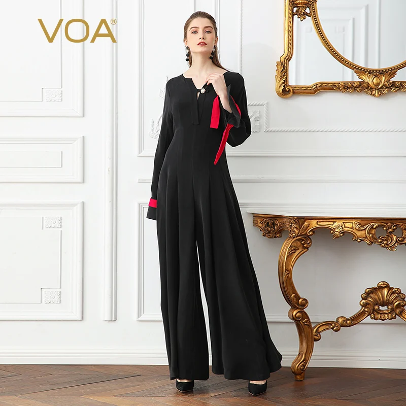 

VOA Heavy Silk Plus Size 5XL Black Jumpsuits Women Solid Slim Wide Leg Pants Pearl Clasp Flare Long Sleeve Vintage KLX01201
