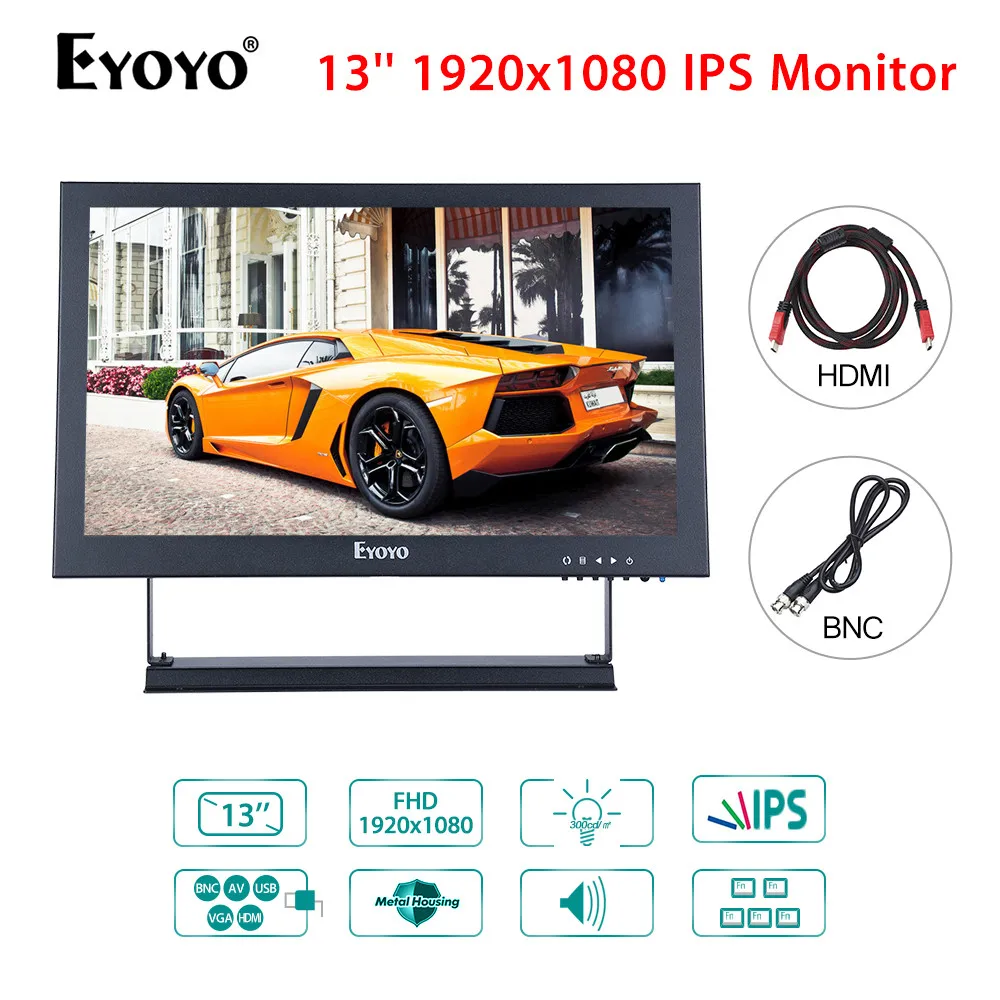 

Eyoyo 13inch 1920x1080 IPS-LCD Screen Display HDMI IPS Monitor with BNC/VGA/AV Output For CCTV DVD PC Laptop DVR CCD Camera