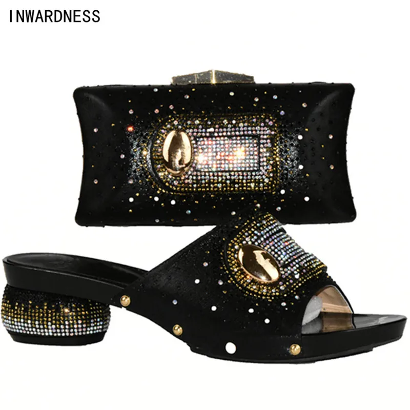 Mujeres Negro azul Para Fijados Nigeriano Moda De Rhinestone Conjunto Partido Bolso Zapatos Decorado Zapato oro Y Bolsa Con Africanos verde rojo El Nueva En aPHFqq