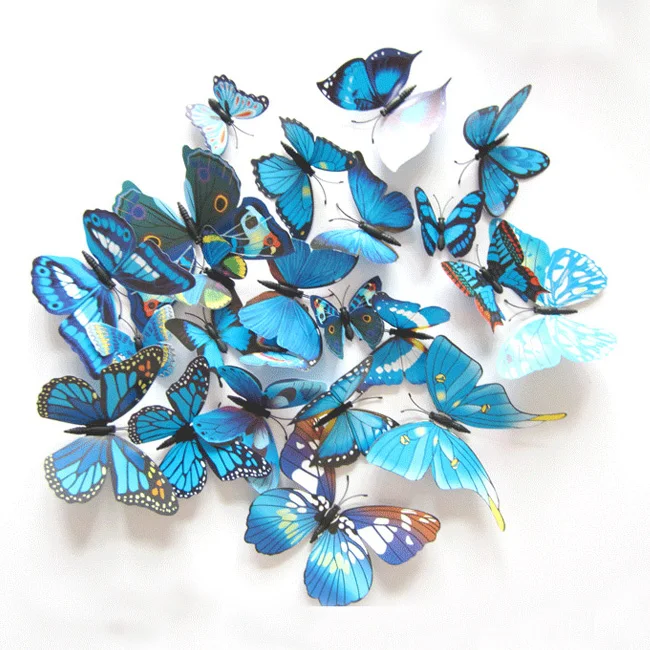 12 قطعة/المجموعة PVC الأزرق فراشة الجدار ملصق ل غرفة المعيشة 3D صور مطبوعة للحوائط الحديثة الفن خلفيات إكسسوارات ديكور منزلي Y91