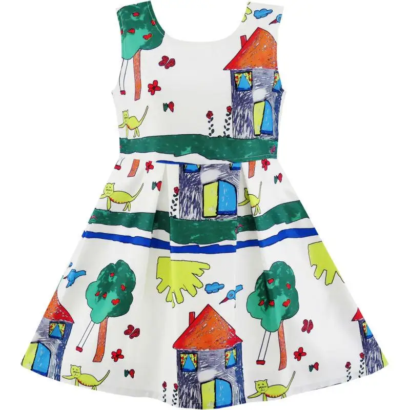 Sunny Fashion платья для девочек дом Дерево Кот Птица Вечеринка Sundress 2020 Лето Принцесса
