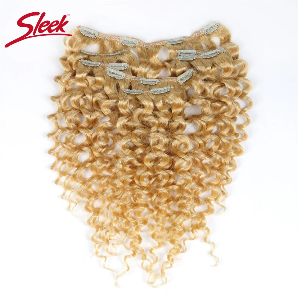 

Sleek Hair 7Pcs Clip in Human Hair Extensions Brazilian Jerry Curl Honey Blonde #613 Colored Remy Hair Extension Clip