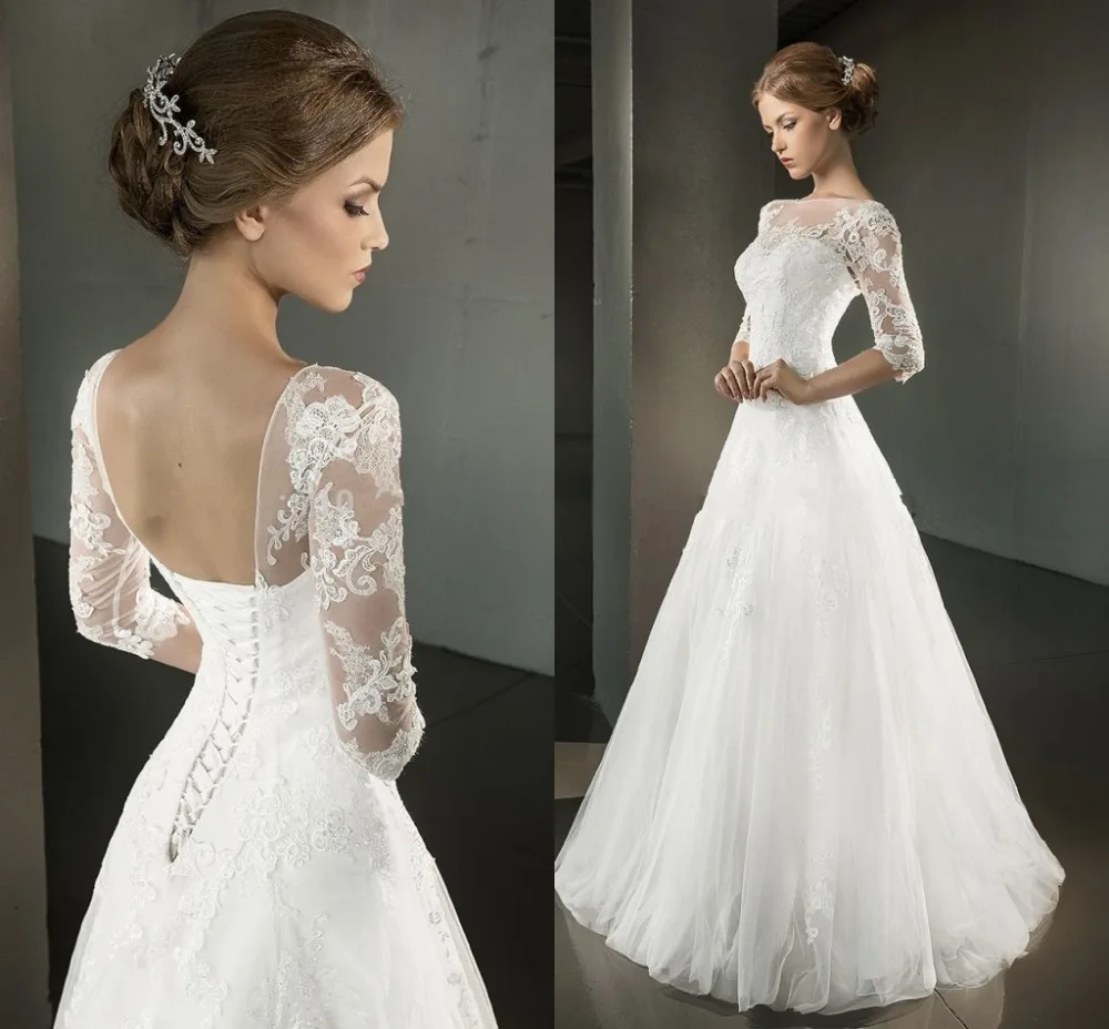 

vestido de festa Longo 2016 Hafl Sleeve Wedding Dresses A Line O- Neck Lace Tulle Lace Up Back Bride Bridal Gowns casmento 2015