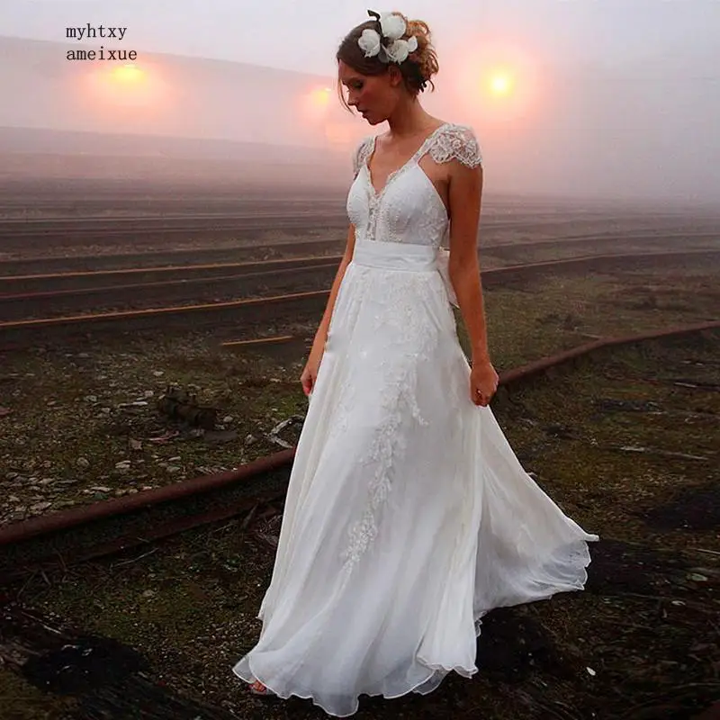 

Fashion Beach Wedding Dress 2019 V Neck Appliques Beaded Short Sleeves Chiffon Bridal Gowns For Wedding Party Robe De Mariage