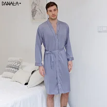 DANALA Silk Satin Men Sleepwear Robe Solid Refreshing Vogue Simple Long Men Nightwear Robe Home Wear For Male Blue Color