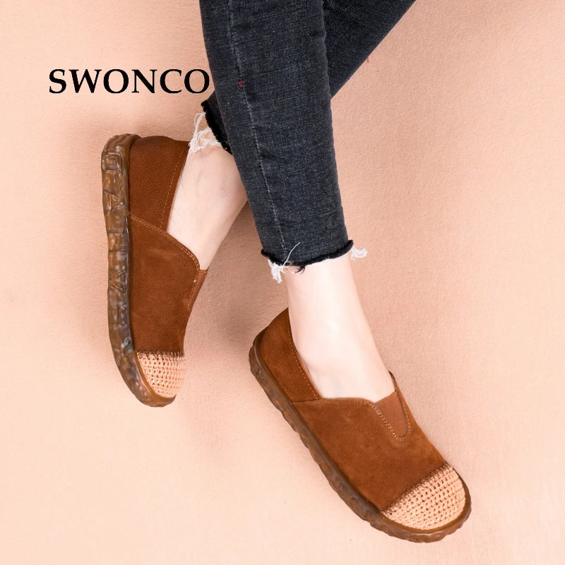 SWONCO Womens Shoes Flats 2019 Spring Autumn Genuine Leather Loafers Women Slip On Shoes Retro Handmade Fisherman Shoe Loafers