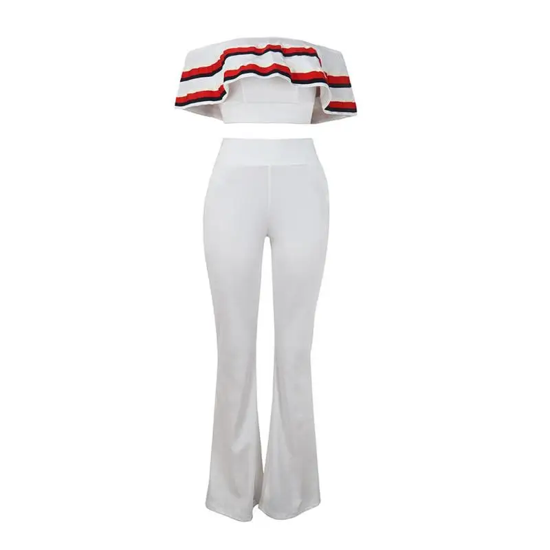 Summer Women Clothes Set Off Shoulder Crop Tops Sexy Slim Fit Trousers