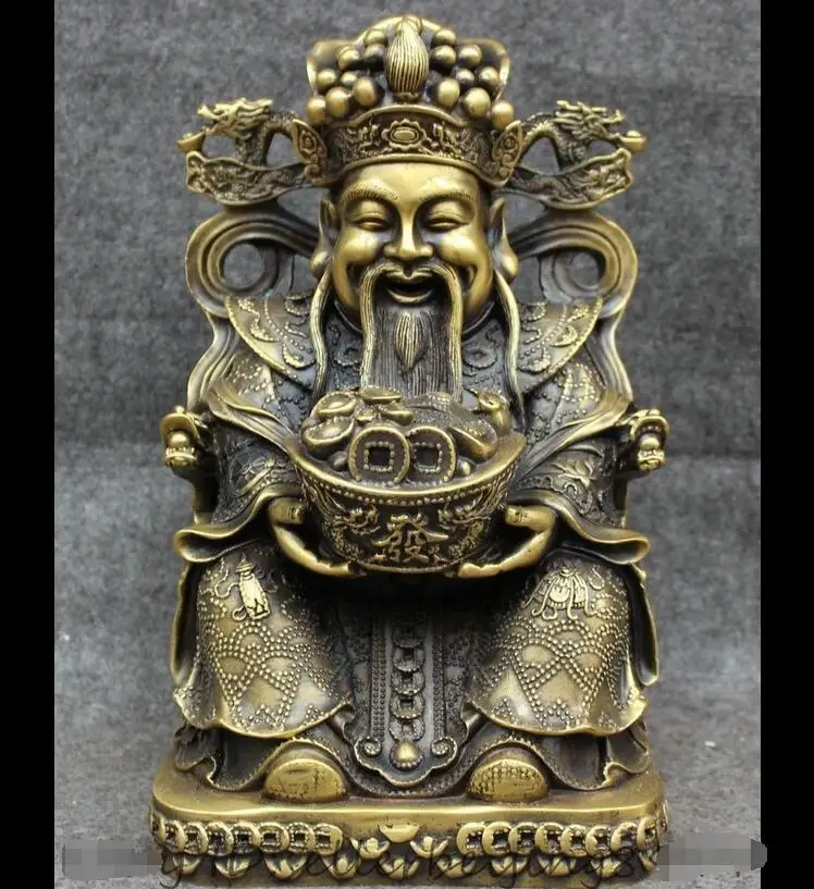 

fafa8800104<<11" China Bronze Buddhism Dragon Head YuanBao Coin Mammon God Statue Brass