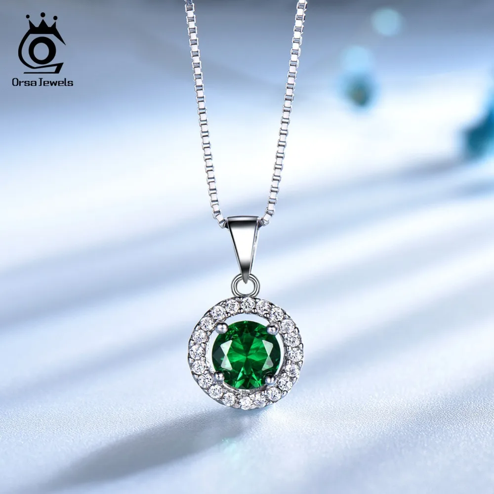 ORSA JEWELS женское серебряное ожерелье из натуральной 925 пробы, имитирующее круглый нано изумруд AAA Блестящий CZ кулон, Женские Ювелирные изделия VSN03