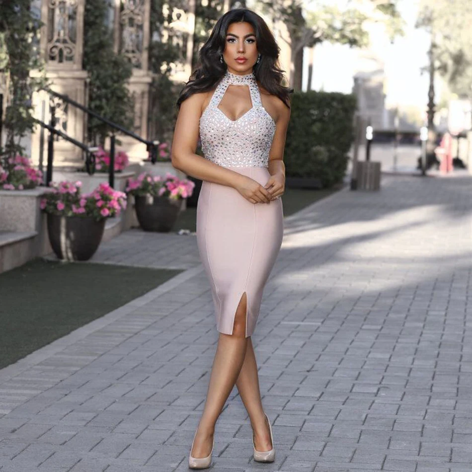 

2018 New Arrival Bandage Dress Women Sexy Front Hollow Out Midi Dresses Club Evening Party Dress Celebrity Clothing