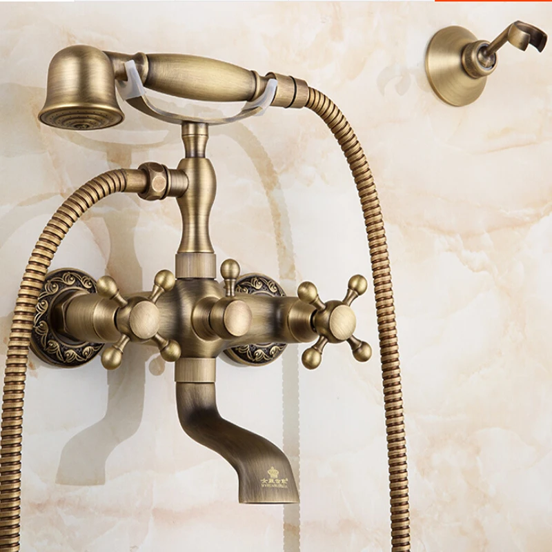 Wholesale And Retail Modern Antique Brass Bathroom Tub Faucet Dual Cross Handles Ceramic valve Mixer Tap W/ Hand Shower Sprayer Wholesale And Retail Modern Antique Brass Bathroom Tub Faucet Dual Cross Handles Ceramic valve Mixer Tap W/ Hand Shower Sprayer