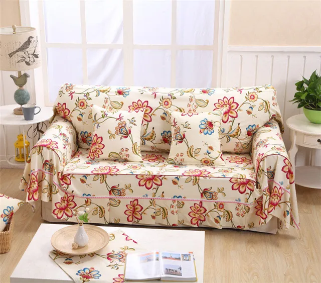 Linen Cotton Canvas Full Cover For Sofa Hotel Sofa Cover Sets Colorful Floral Decorative Home