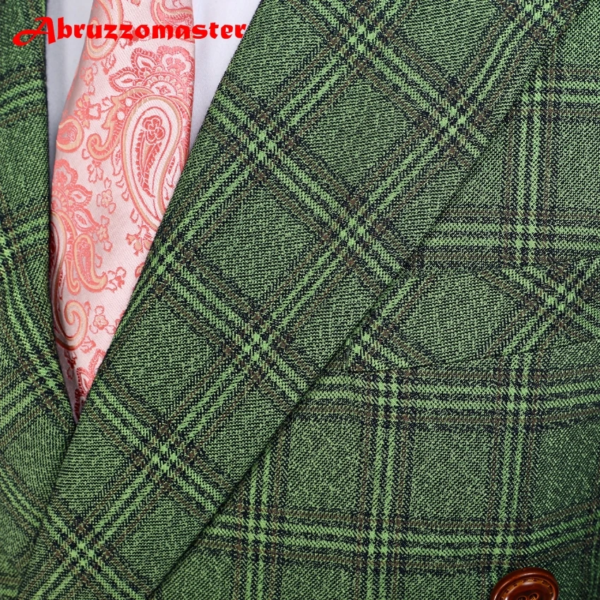 Tailored Slim Fit Man Suit Green Damier Check Groom Tuxedos Groomsman Suit Worsted Wool Business Jacket+pants+vest