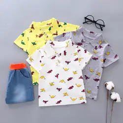Одежда для мальчиков рубашка с короткими рукавами и рисунком динозавра для маленьких мальчиков топы + джинсовые штаны, комплект одежды для