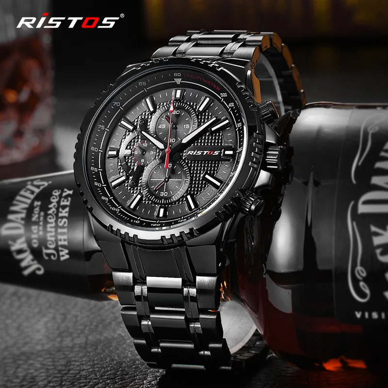  RISTOS Male Watches Military Wristwatch Stainless Steel Reloj Hombre Men Quartz Watch Reloj Masculi