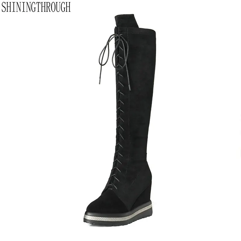 

Genuine Leather Fashion Platform Knee High Boots Wedge High Heel Suede Winter Boots Zipper Casual Women Shoes Size 34-42