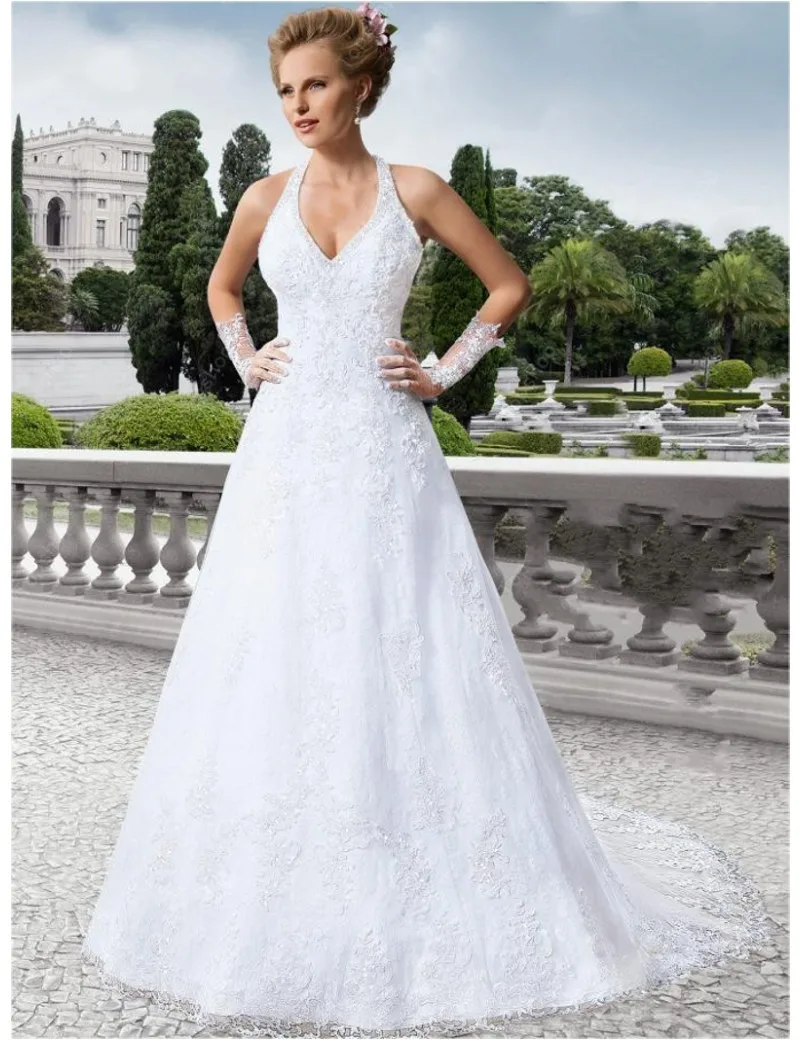 A Line Halter Appliques Wedding Dresses Backless Corset