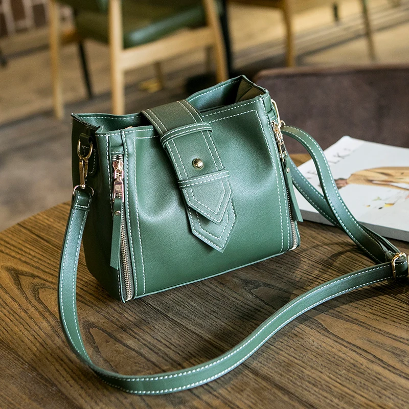 SUNNY SHOP Fashion Ladies Bucket Bag PU Leather Shoulder Bag Small Mini Messenger Bag for Women Bucket Crossbody Bag Zip Design - Цвет: Green shoulder bag