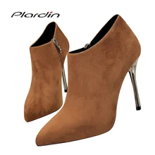 Plardin/зимние женские пикантные Свадебные сапоги для верховой езды; женские замшевые пикантные ботильоны на высоком каблуке с острым носком на молнии