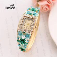 Hesiod 5 Color verde flor cristal Brazalete reloj pulsera mujer vestido cuarzo reloj moda señoras Vintage reloj de pulsera