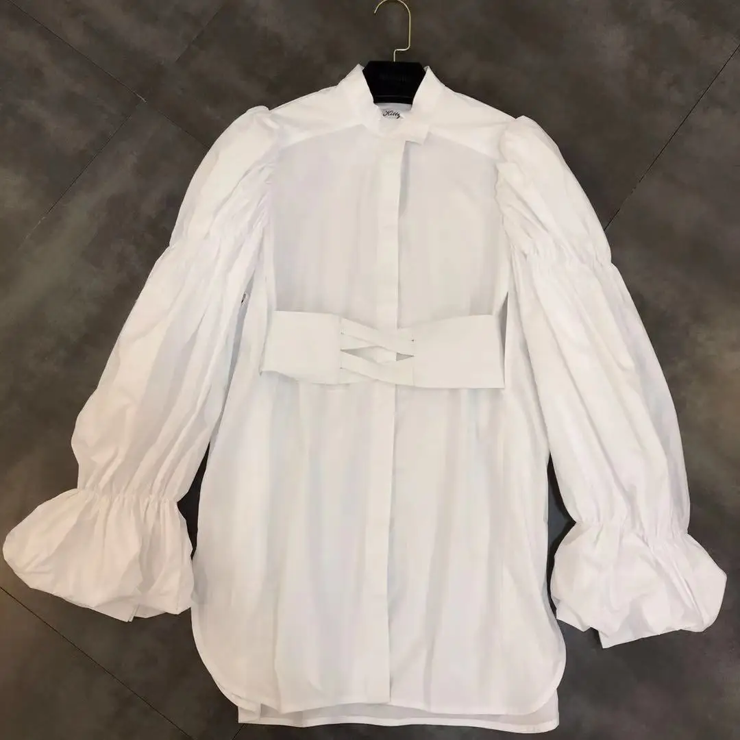 

2019 Spring New Small Standing Collar Bubble Long Sleeve Received Small Woman Designer Shirt
