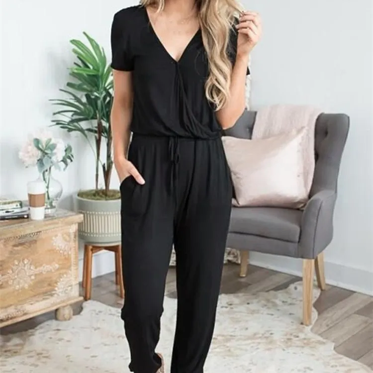 Tanie Kombinezon damski Romper z krótkim rękawem V Neck Casual kombinezon damski luźny szary czarny Playsuit