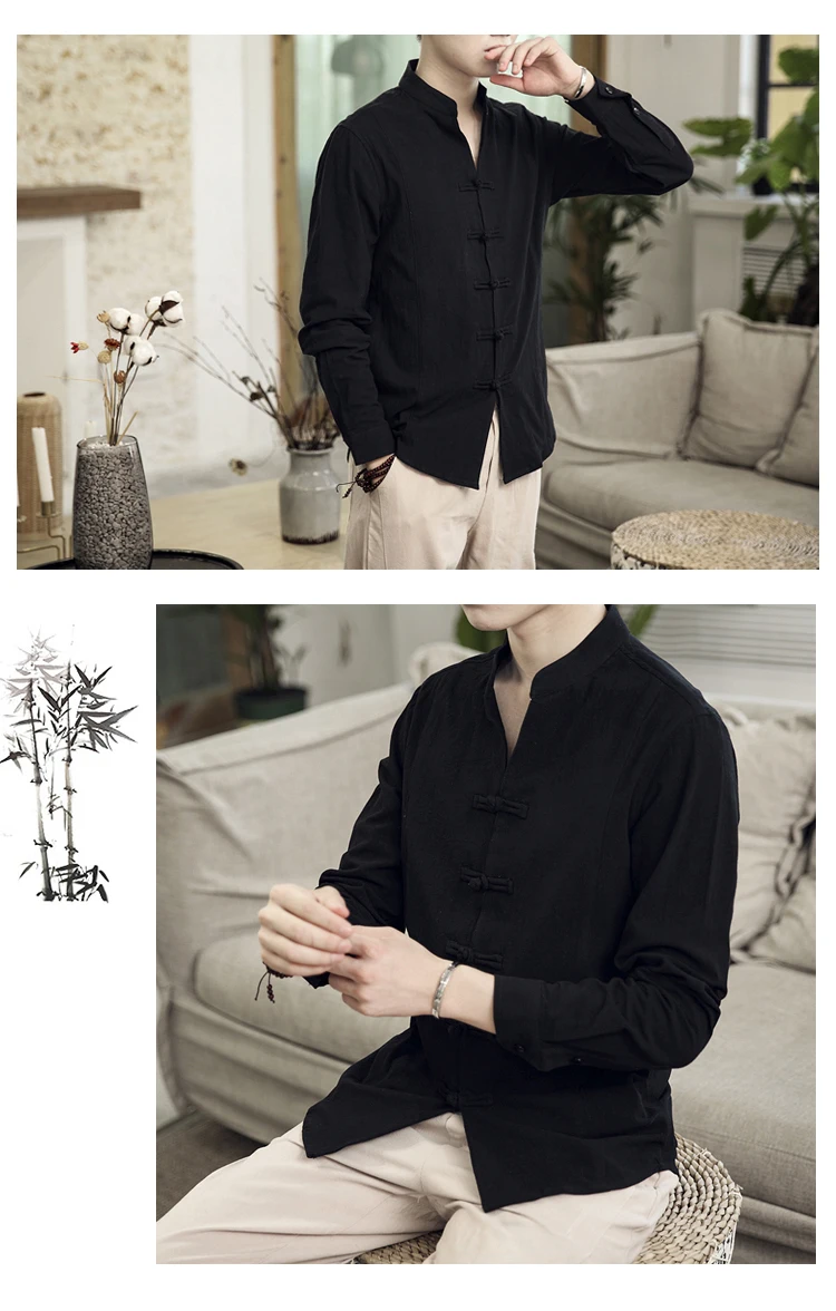 Sinicism Store Men Clothes Man Cotton Linen Casual White Shirts Long Sleeve Shirts Male Chinese Style Solid Shirts