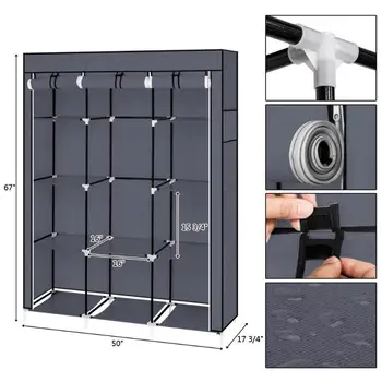 

67Inch Multifunction Wardrobe Portable Non-woven Fold Closet Storage Cabinet Home Dustproof Moistureproof Furniture Gray/Black