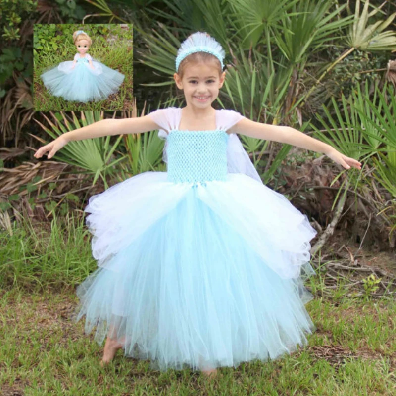 

Gorgeous Princess Cinderella Inspired Girl Dress with Matching Headband Blue and White Baby Girl Tutu Dresses for Halloween