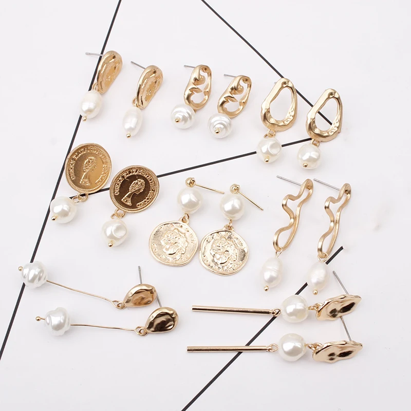 Fashion Vintage Pearl Earrings for Women Gold Color Metal Geometric Irregular Circle Coin Medallion Drop Brincos | Украшения и