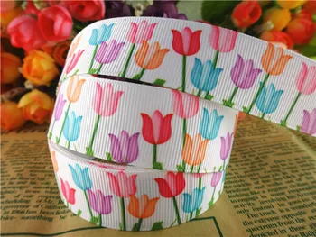 

15080617, 1'' (25mm) 5 yards tulip flowers printed grosgrain ribbons cartoon ribbon hair accessories tape