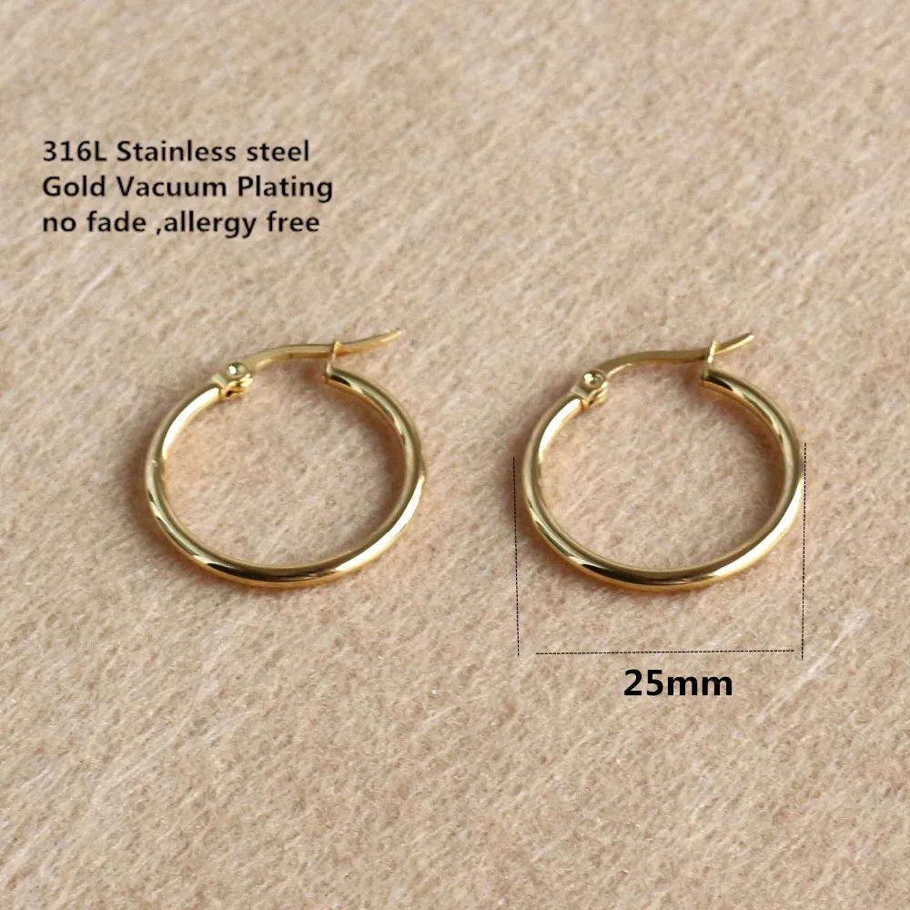 Goldcolor Plated Titanium 25mm Hoop Earrings 316 L Stainless Steel No